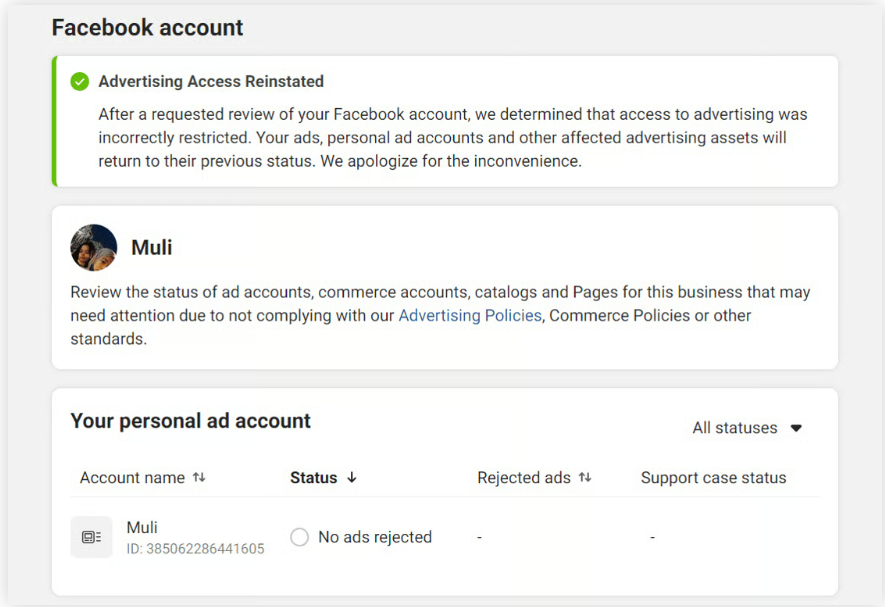 Advertising Access Double Reinstated Account